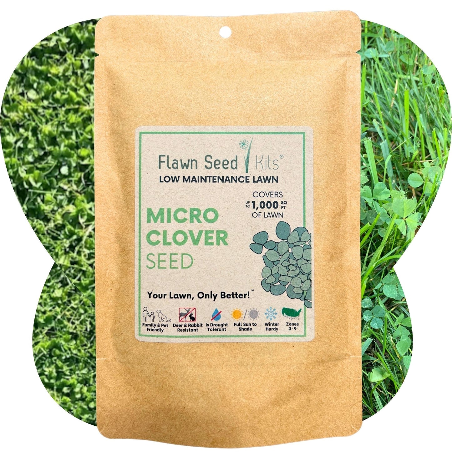 Micro clover seed pouches from Flawn Seed Kits, packaged seed tape for easy planting, covering 100 sq ft for lush ground cover.