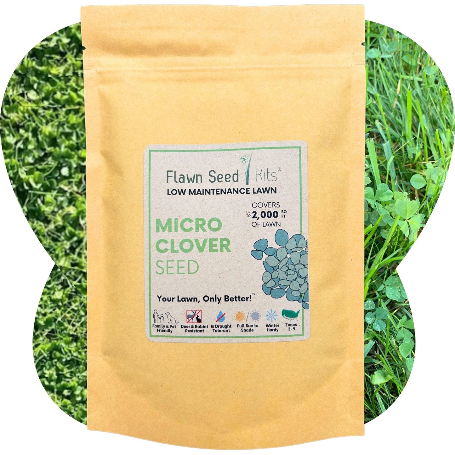 Flawn Seed Kits Micro Clover Seed Pouches for seeds and seed tape, showing 44 oz of micro clover seeds in resealable pouches.