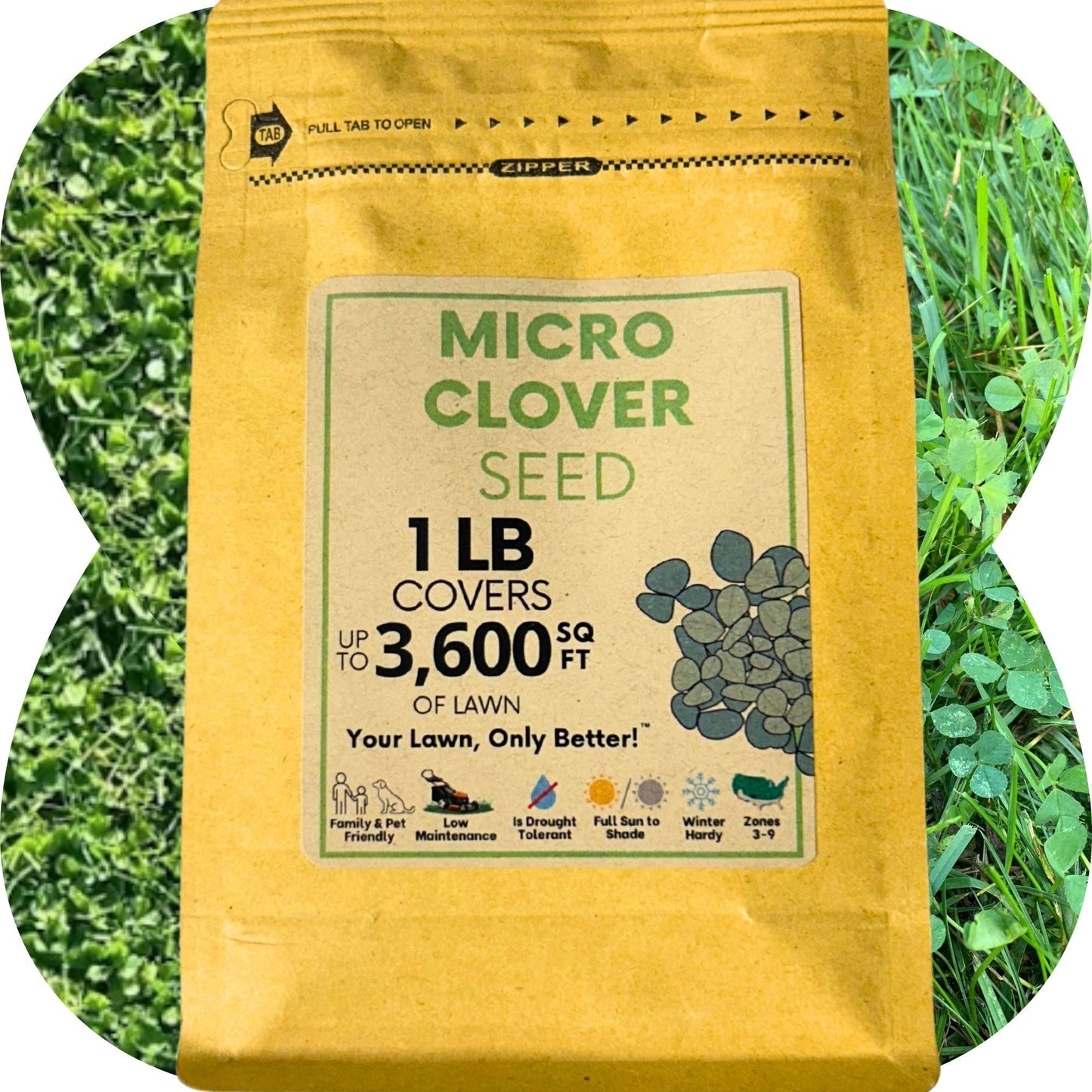 Micro clover seed pouches from Flawn Seed Kits, seeds and seed tape for lawn and ground cover, 100 sq ft, 44 oz.
