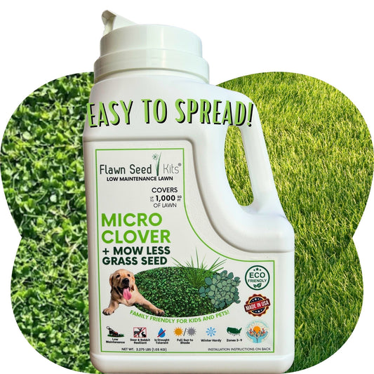 Flawn Seed Kits Micro Clover and Mow Less Grass Seed in a seed tape pouch for 100 sq ft of lawn.