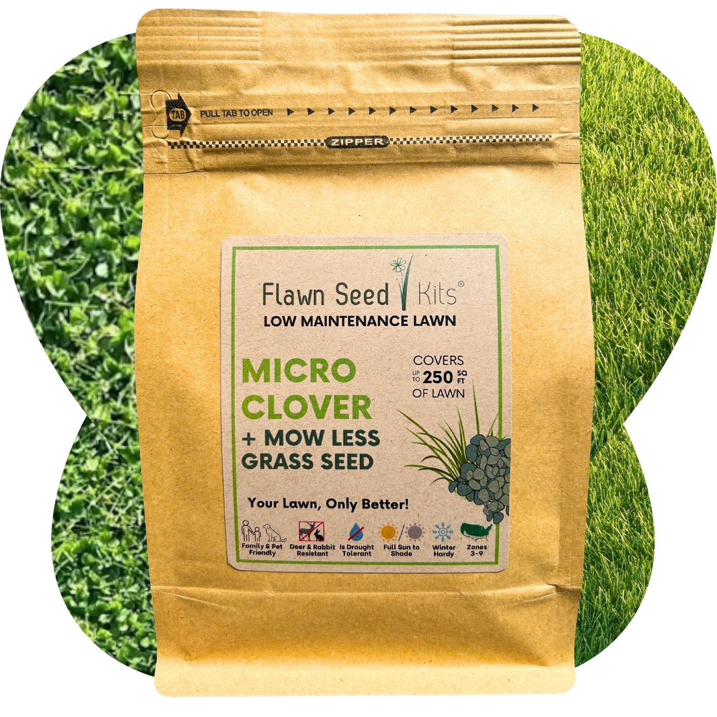 Flawn Seed Kits Micro Clover and Mow Less Grass Seed in a 100 sq ft pouch, ideal for sustainable lawn growth and easy planting.