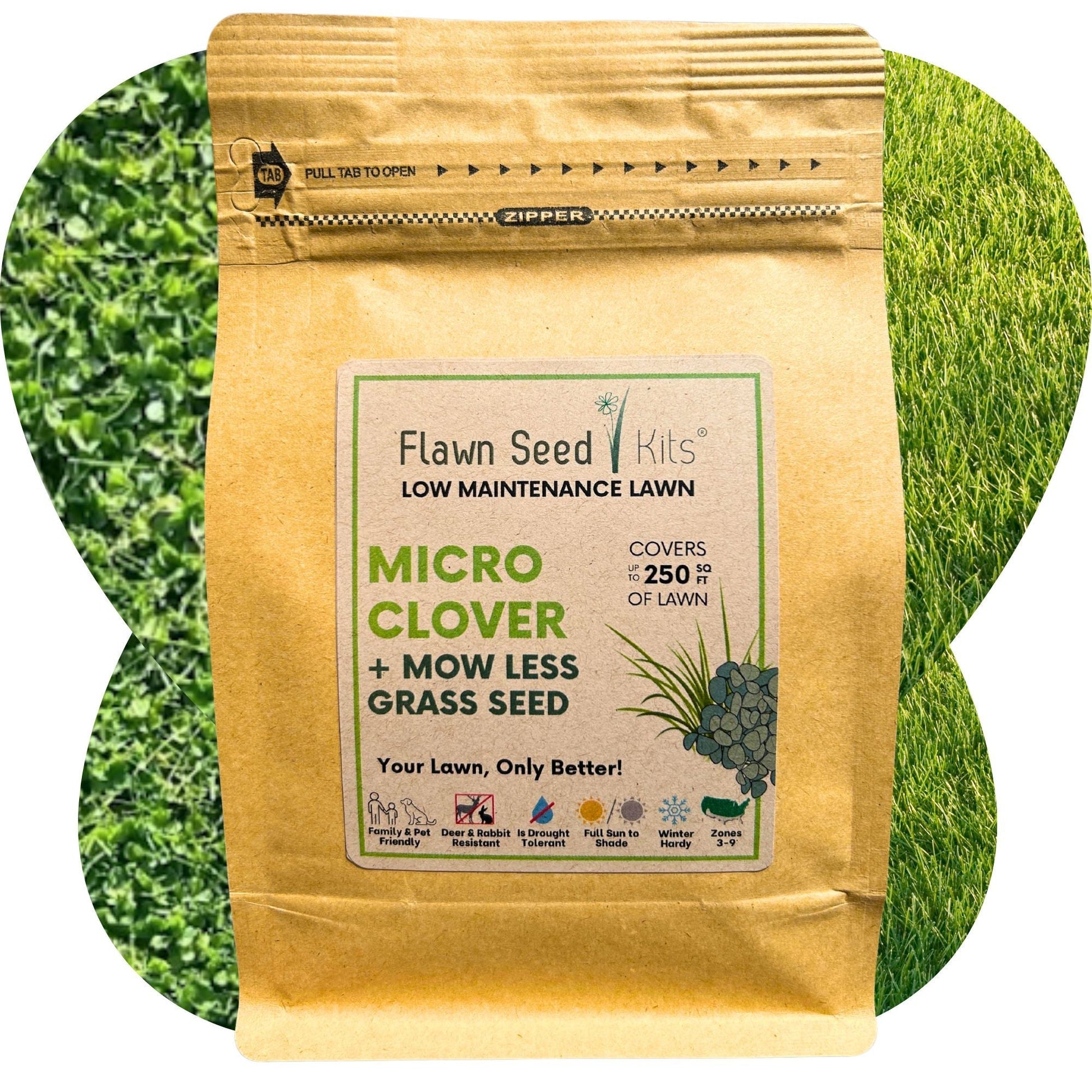 Micro Clover and Mow Less Grass Seed in seed tape pouch, ideal for lawn patching and sustainable ground cover from Flawn Seed Kits.