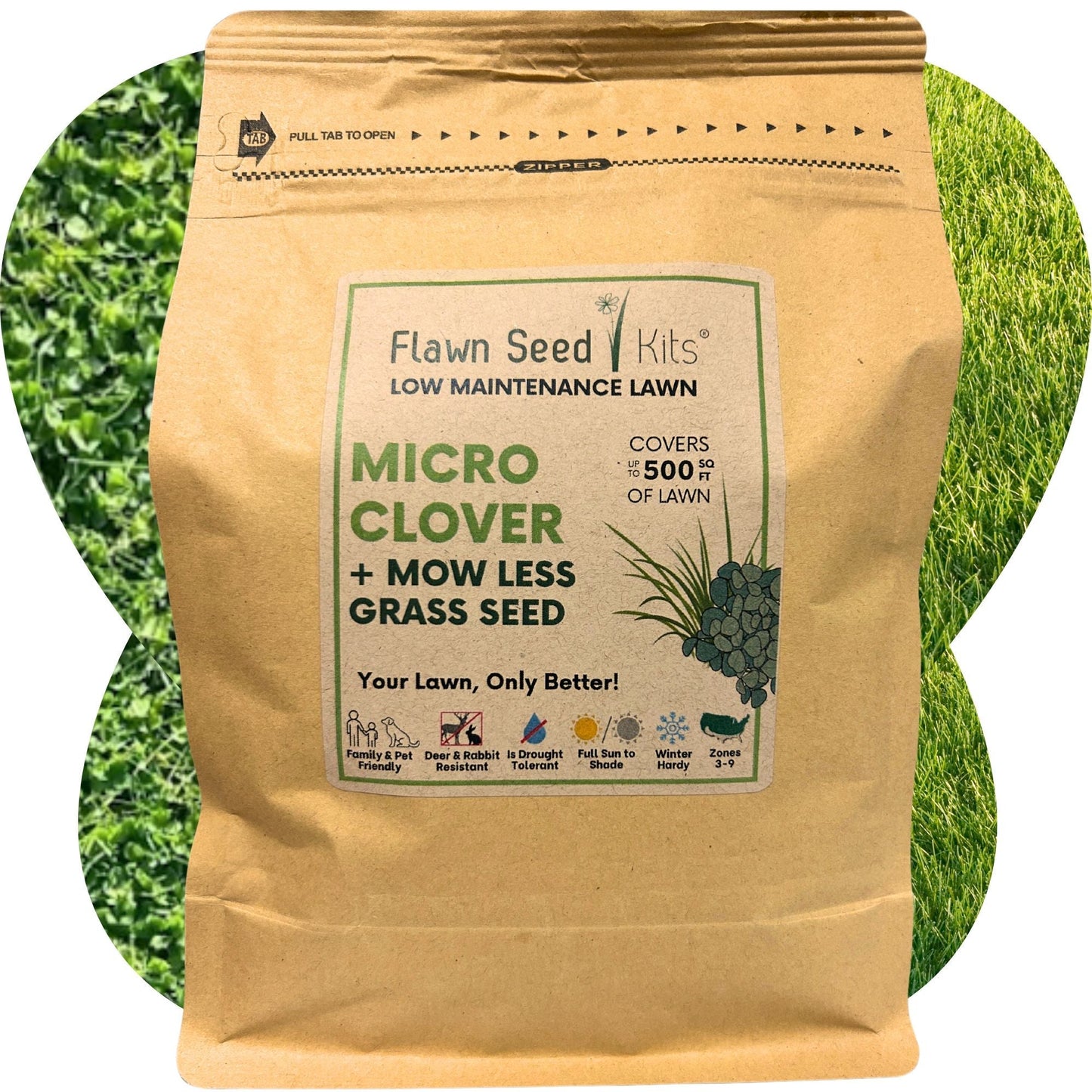 Micro clover and Mow Less grass seed in a Flawn Seed Kits seed tape pouch for 100 sq ft, ideal for lawn patching and eco-friendly grass.