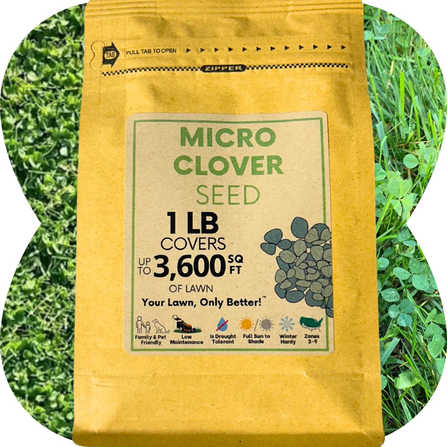 A brown Flawn Seed Kits pouch labeled Micro Clover Seed Pouches states 1 lb covers up to 3,600 sq ft. Icons display drought tolerance, nitrogen fixing, and winter hardiness. The bag is set on a clover-shaped green background.
