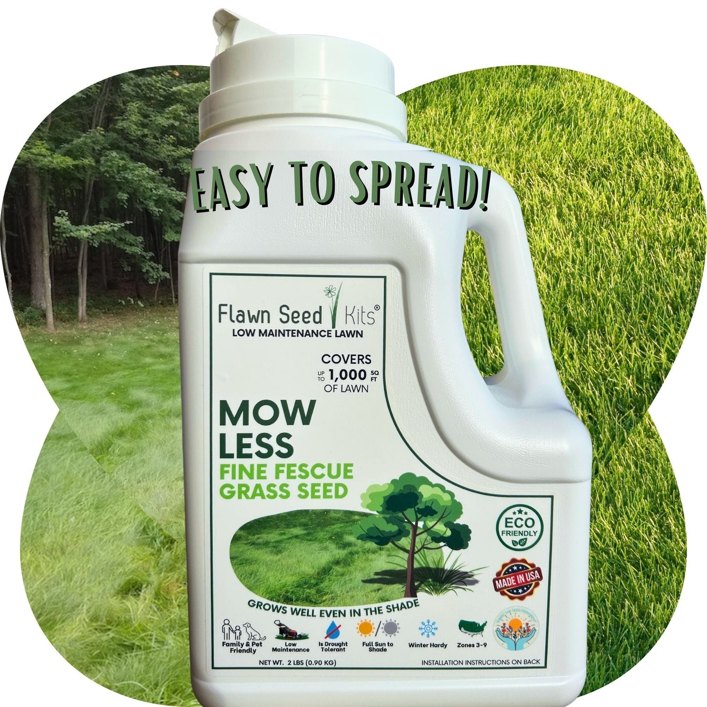 Flawn Seed Kits Mow Less Grass Seed in seed tape, designed for easy planting and lush lawns, 1.2 pounds covering 250 sq ft.