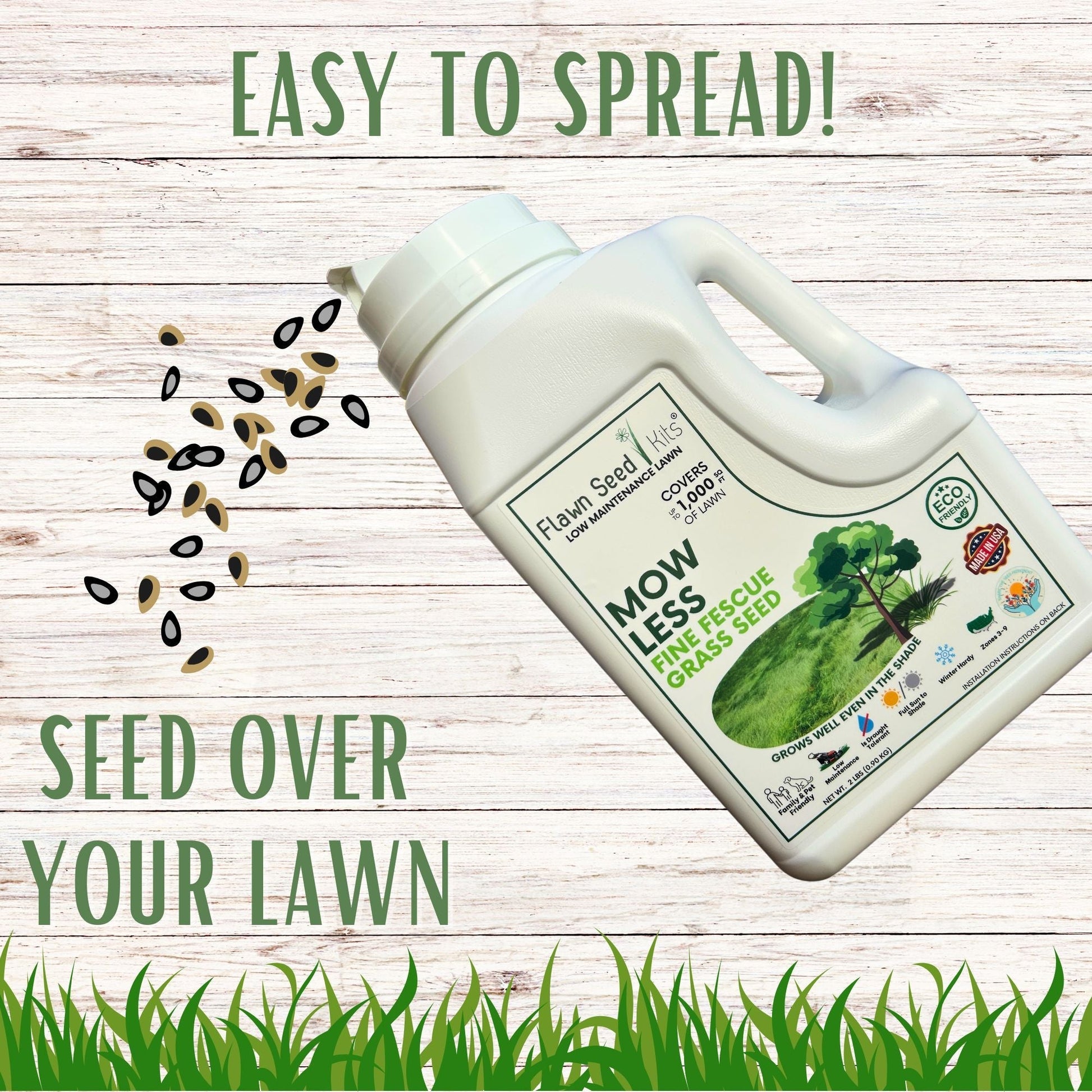 Flawn Seed Kits Mow Less Grass Seed in seed tape for 250 sq ft of lush, low-maintenance lawn, 1.2 lb package.
