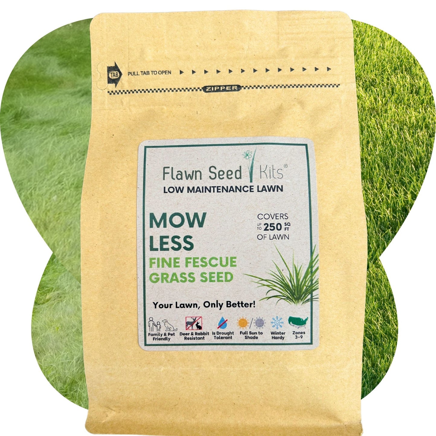 Flawn Seed Kits Mow Less Grass Seed Tape for 250 sq ft, 1.2 lb, showing seed tape and packaging for lawn growth