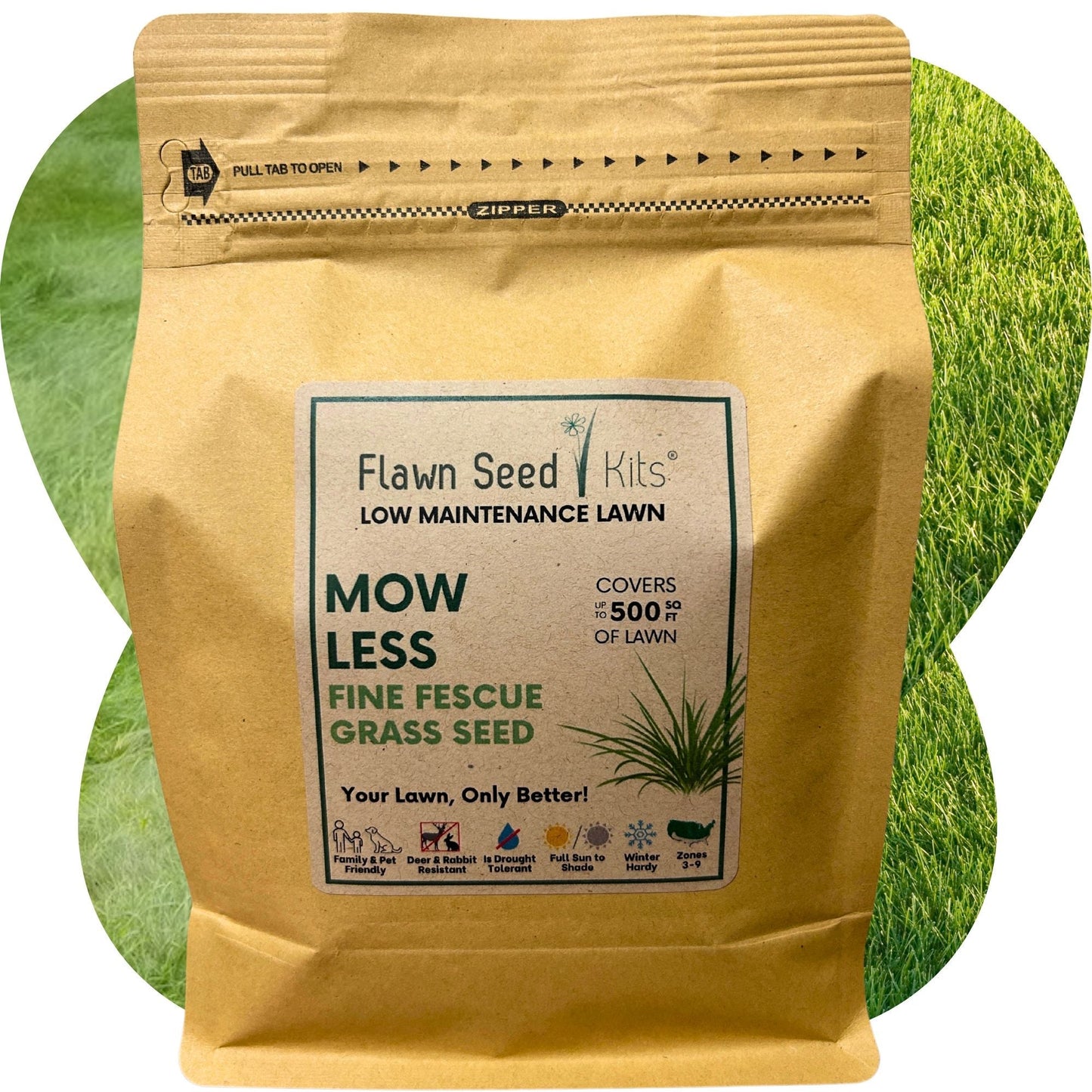Flawn Seed Kits Mow Less Grass Seed in seed tape for 250 sq ft, featuring lush, dense grass ideal for lawns