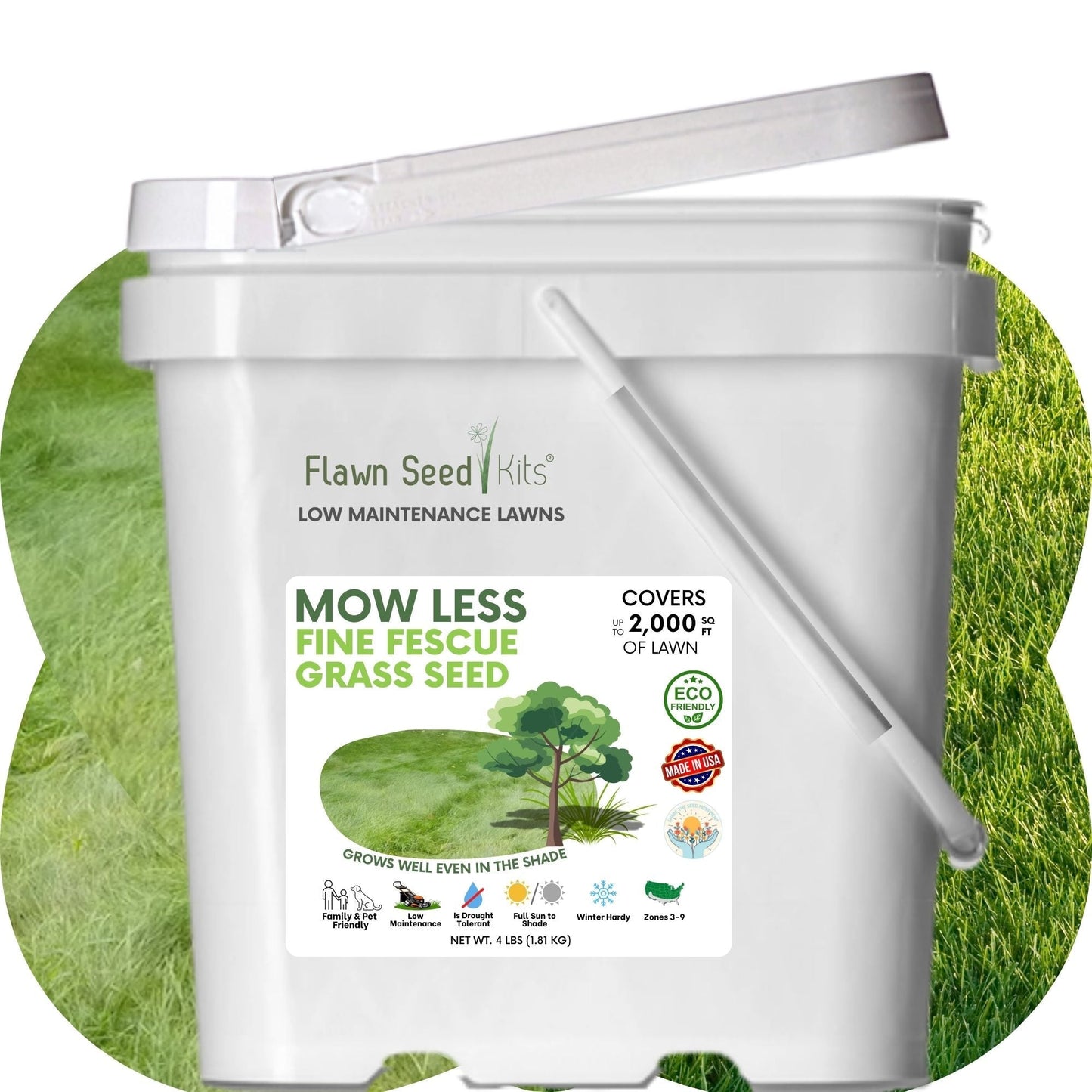 Flawn Seed Kits Mow Less Grass Seed Tape for 250 sq ft, 1.2 lb, featuring grass seed designed to reduce mowing frequency.