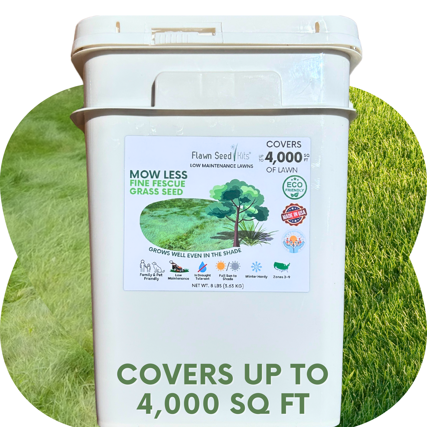 Flawn Seed Kits Mow Less Grass Seed and Seed Tape for 250 sq ft, 1.2 lb, designed to promote low-maintenance grass growth.