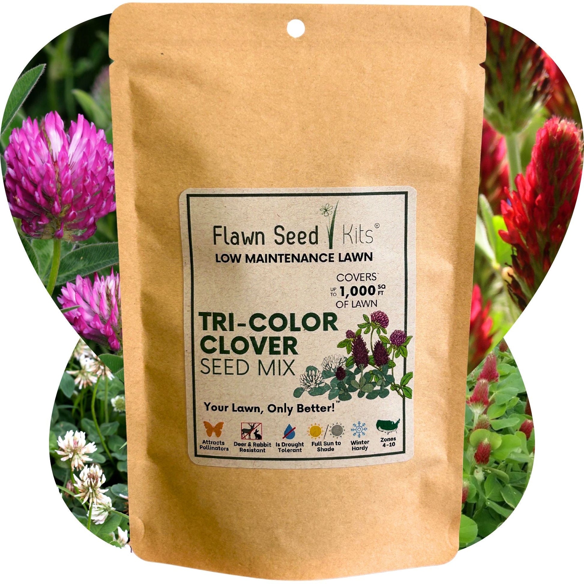 Tri-color Clover Seed Blend from Flawn Seed Kits in seed tape for lawn or garden, 100 sq ft, 45 oz.