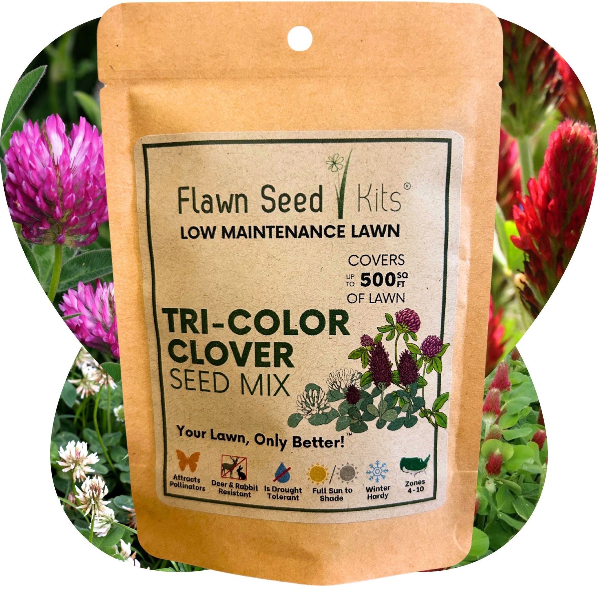 Tri-color clover seed blend from Flawn Seed Kits, shown in seed tape for 100 sq ft of lush, colorful ground cover.