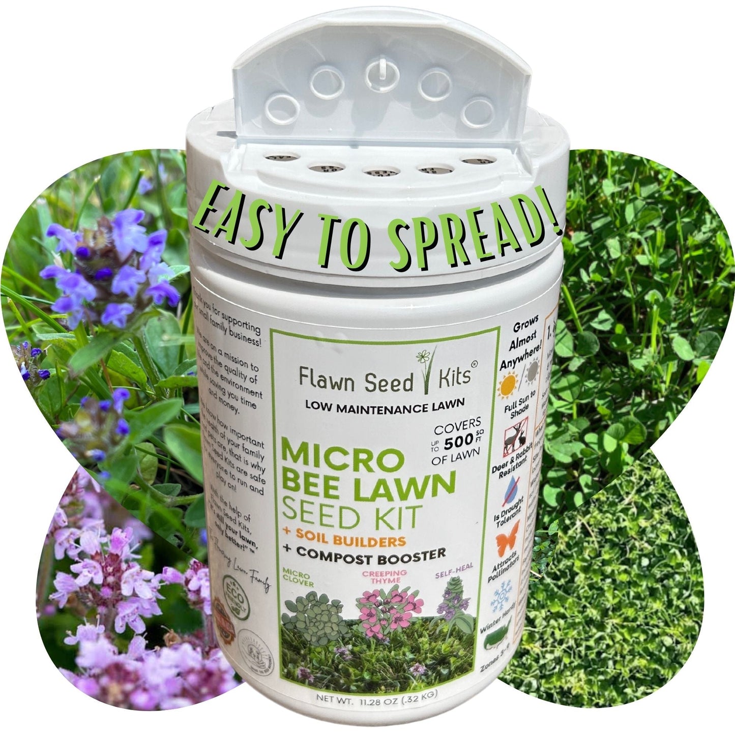 Micro Clover Bee Lawn Seed Mixture - Easy Spread Shaker - Blessings Grow Meadows