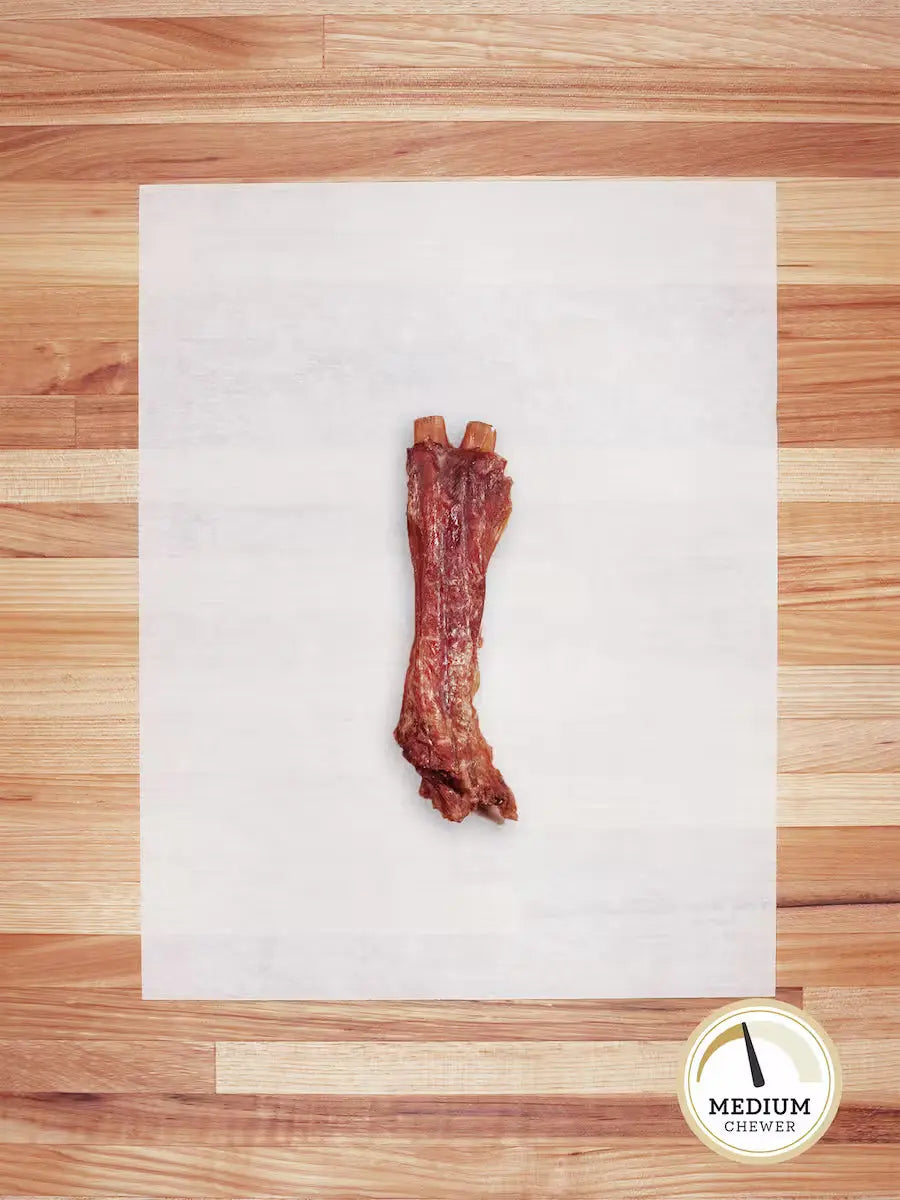 Farm Hounds grass-fed beef tendons chews for dogs, showing small, natural beef tendons with a textured surface.