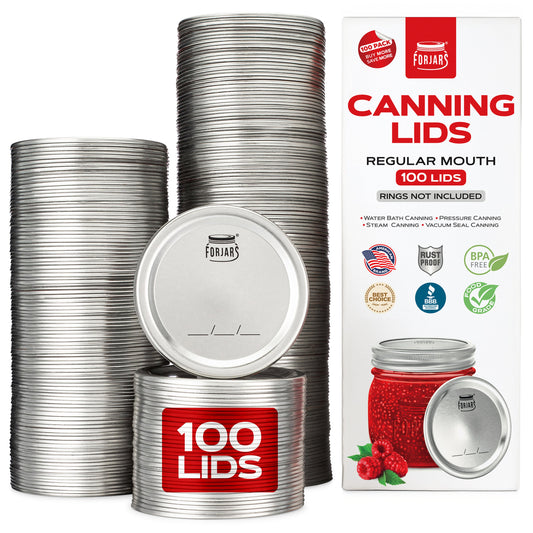 Stacks of ForJars® - 100 Regular Mouth Canning Lids are shown beside the branded box with a red jar illustration. These lids provide an airtight seal and highlight key features and certifications.