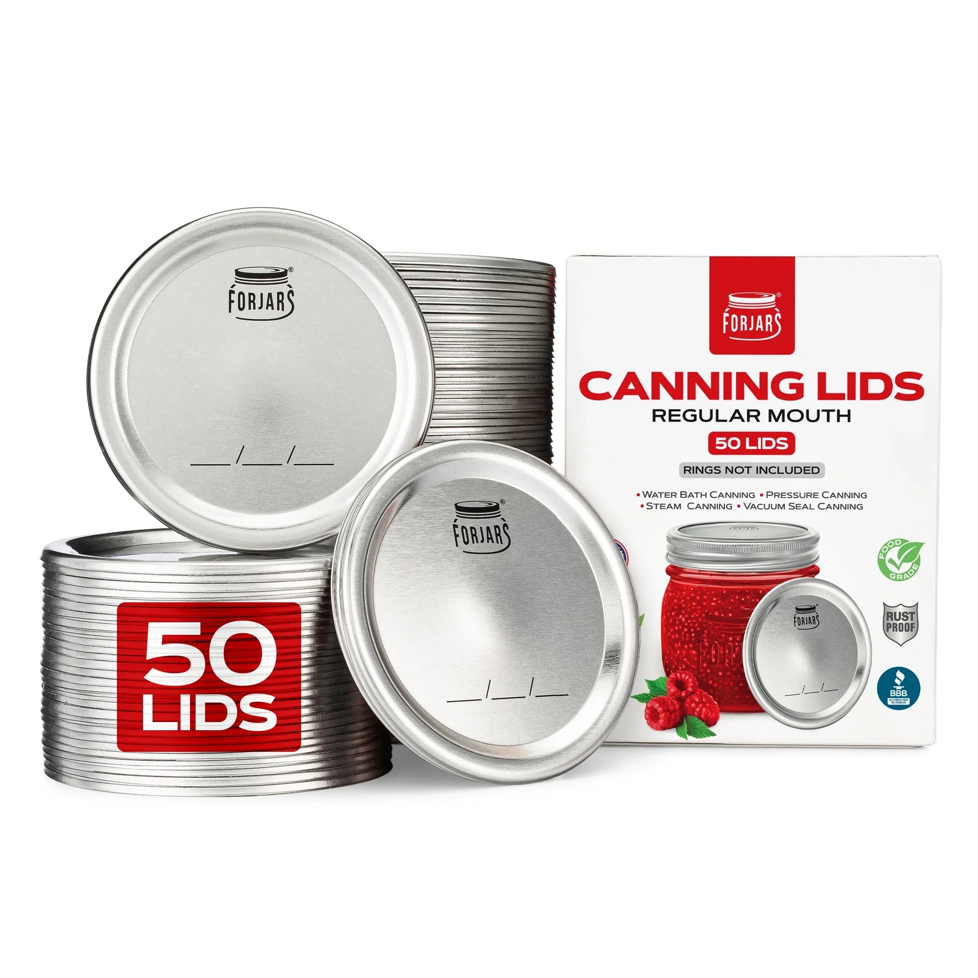 Stacks of silver lids sit beside a ForJars® box labeled 50 Regular Mouth Canning Lids, featuring images of lids and raspberries. A red label highlights 50 Lids—perfect replacements for mason jar lids.