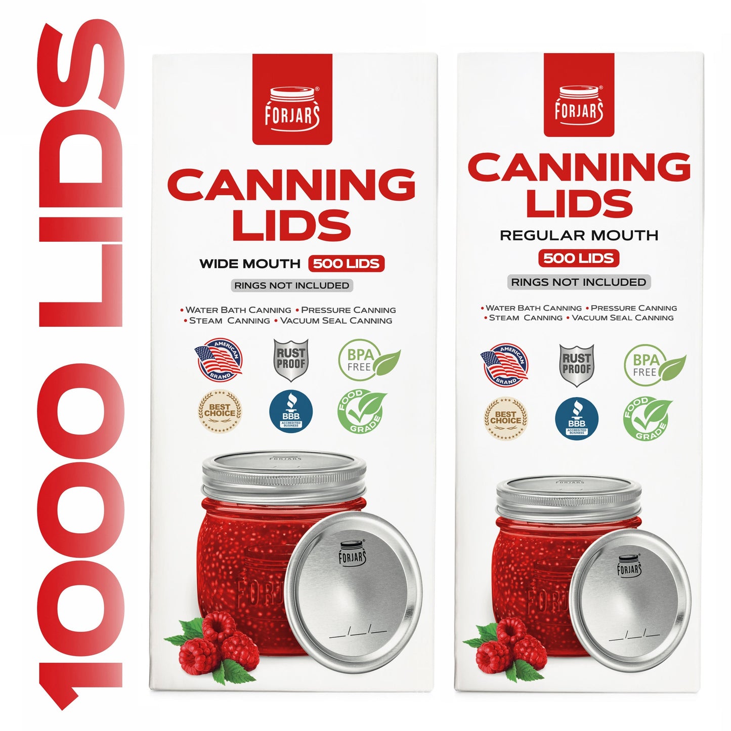 Forjars® 1000-count canning lids bundle with 500 regular mouth and 500 wide mouth metal lids for home canning.