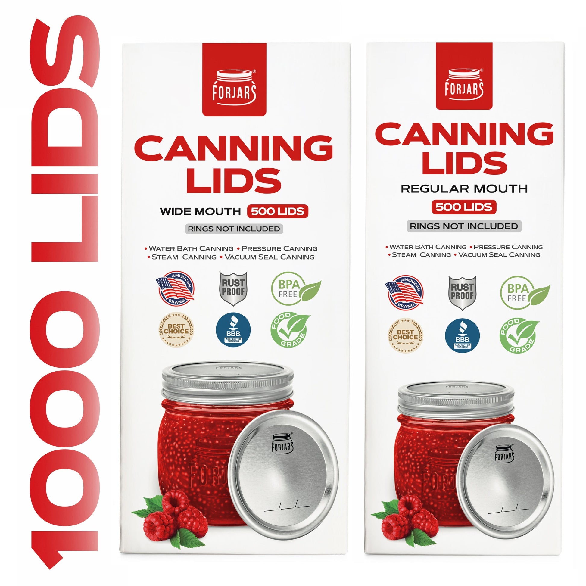 Forjars® 1000-count canning lids bundle with 500 regular mouth and 500 wide mouth metal lids for home canning.