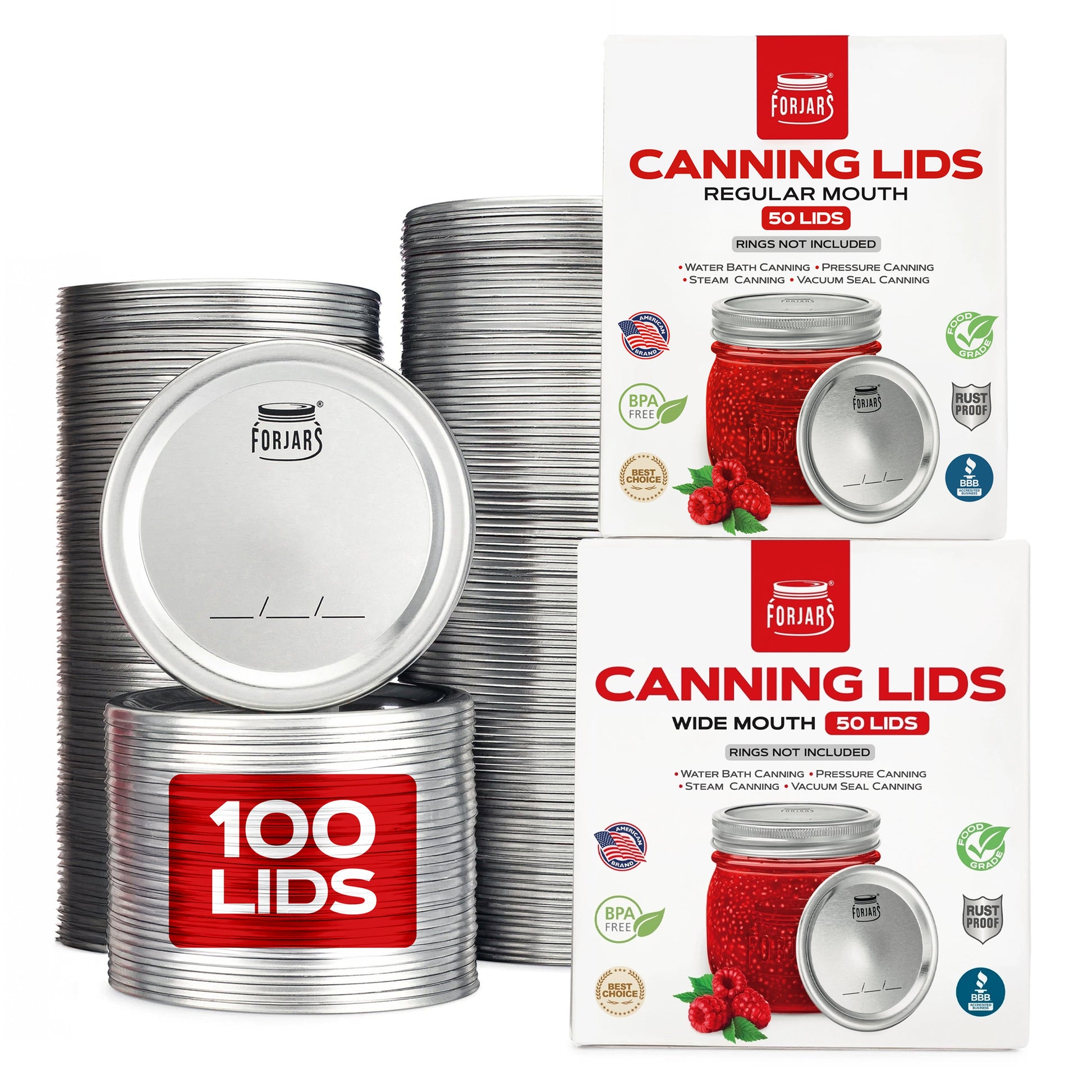Forjars® - 100 Count: 50 Regular Mouth + 50 Wide Mouth Canning Lids - Blessings Grow Meadows