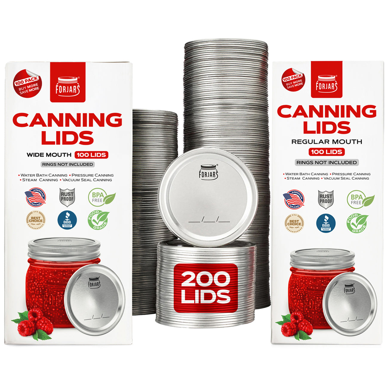 Forjars® - 200 Count: 100 Regular Mouth + 100 Wide Mouth Canning Lids - Blessings Grow Meadows