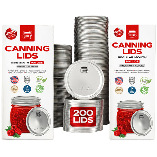 ForJars 200-pack canning lids bundle with 100 regular mouth and 100 wide mouth lids, suitable for jar sealing and preserving.