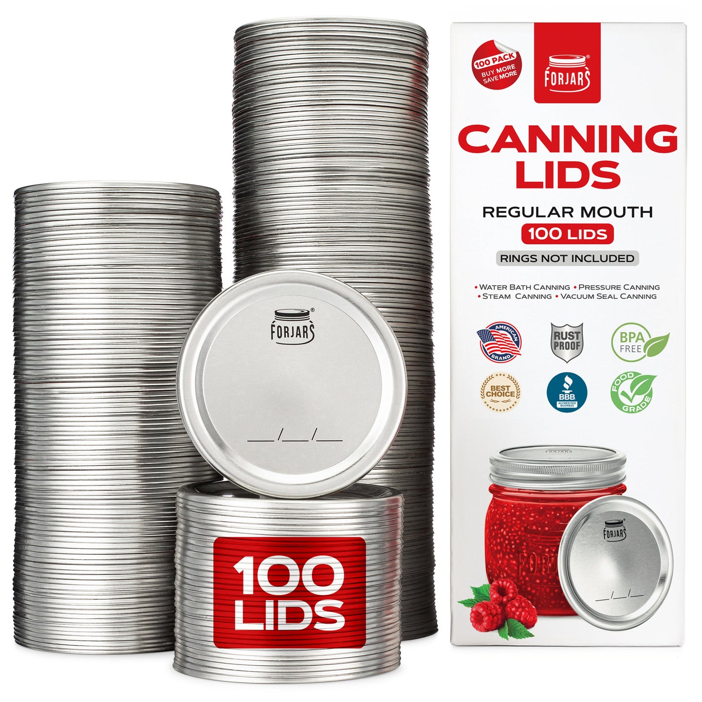 Stacks of ForJars® - 100 Regular Mouth Canning Lids are shown beside the branded box with a red jar illustration. These lids provide an airtight seal and highlight key features and certifications.
