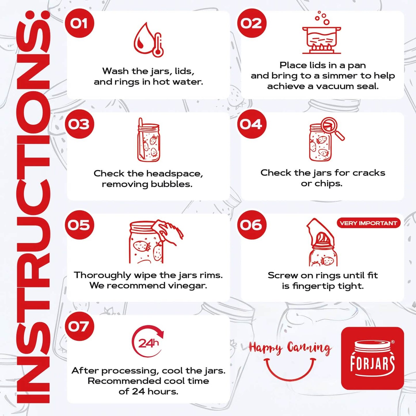 An infographic titled Instructions shows 7 steps for using ForJars® - 50 Regular Mouth Canning Lids by ForJars, featuring icons for washing, simmering lids, checking headspace and jars, cleaning rims, tightening rings, and cooling jars for 24 hours.