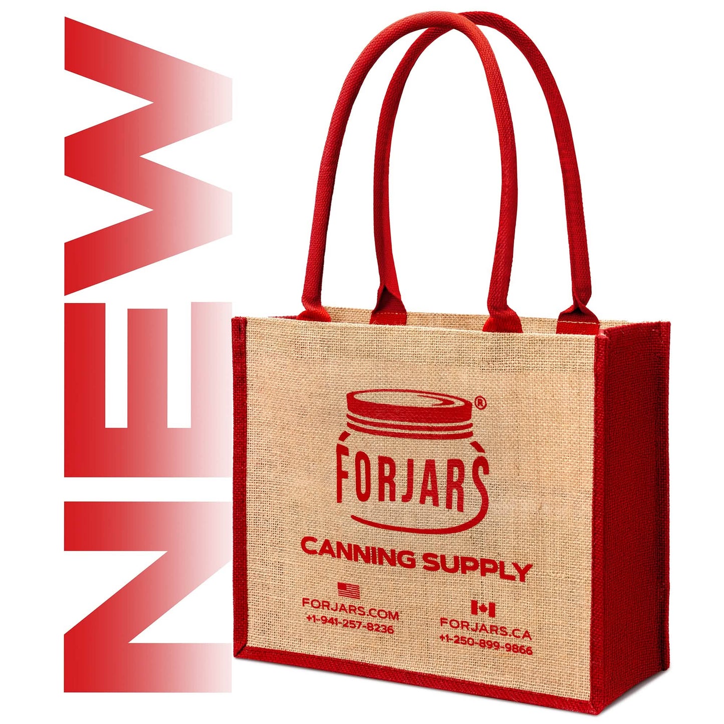 ForJars reusable burlap tote bag in small size, showing natural woven texture and sturdy handles for eco-friendly shopping.