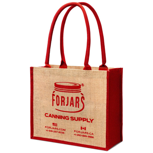 Forjars® reusable burlap tote bag in small size, natural textured fabric with handles, eco-friendly and versatile for shopping or gifting.