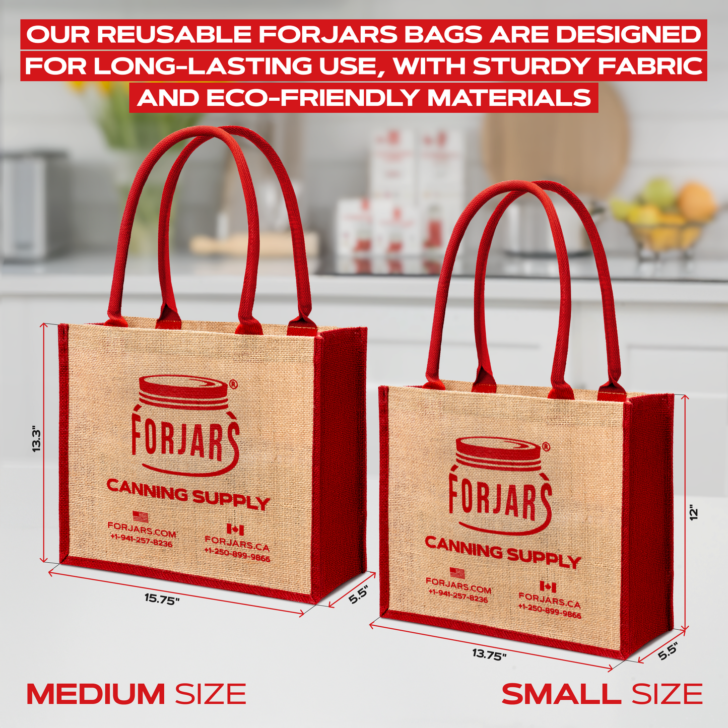 ForJars reusable burlap tote bag in small size with sturdy handles, perfect for eco-friendly shopping and storage.