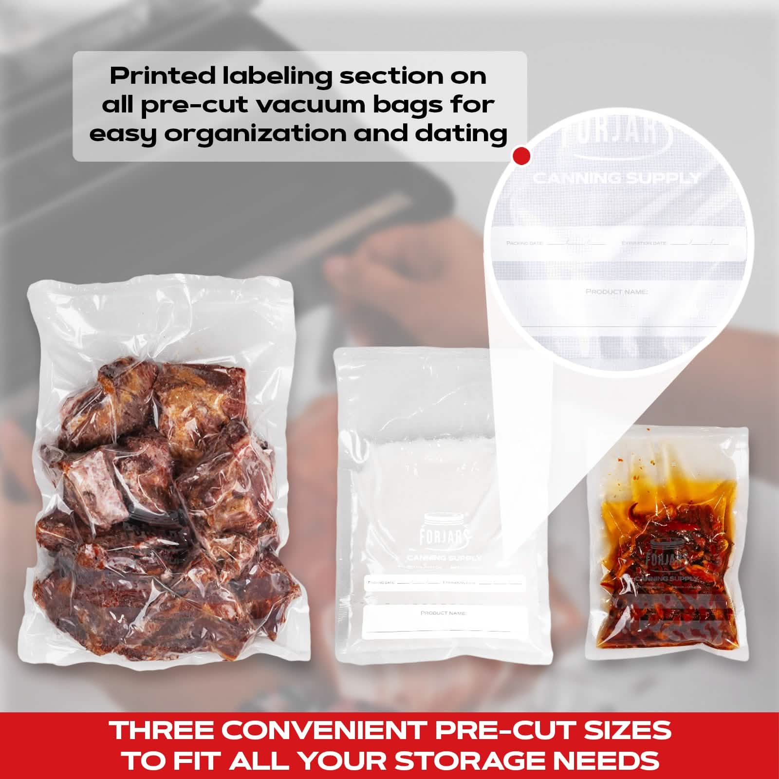 Forjars® 100 pack vacuum sealer bags, 11x16 inches, textured on both sides, 7.5 mil thick, ideal for food storage and sealing.