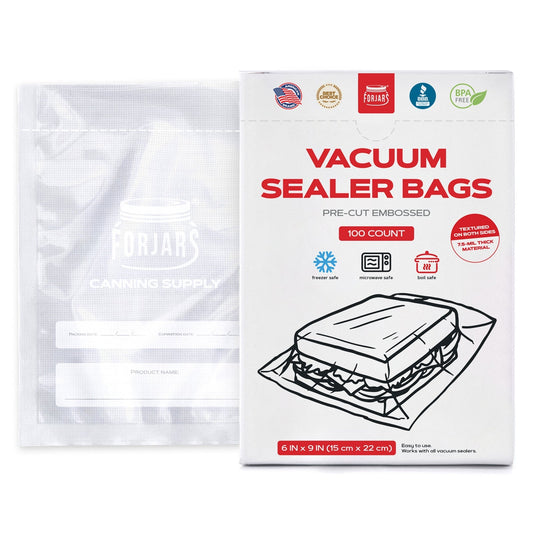 ForJars vacuum sealer bags, 6x9 inches, textured on both sides, 7.5 mil thick, in a pack of 100 for food preservation.