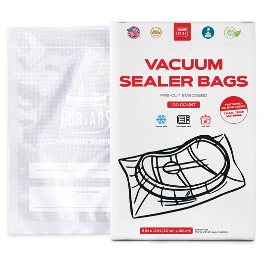 Forjars® 100-pack vacuum sealer bags, 8x12 inches, textured on both sides, 7.5 mil thickness for food storage and preservation.