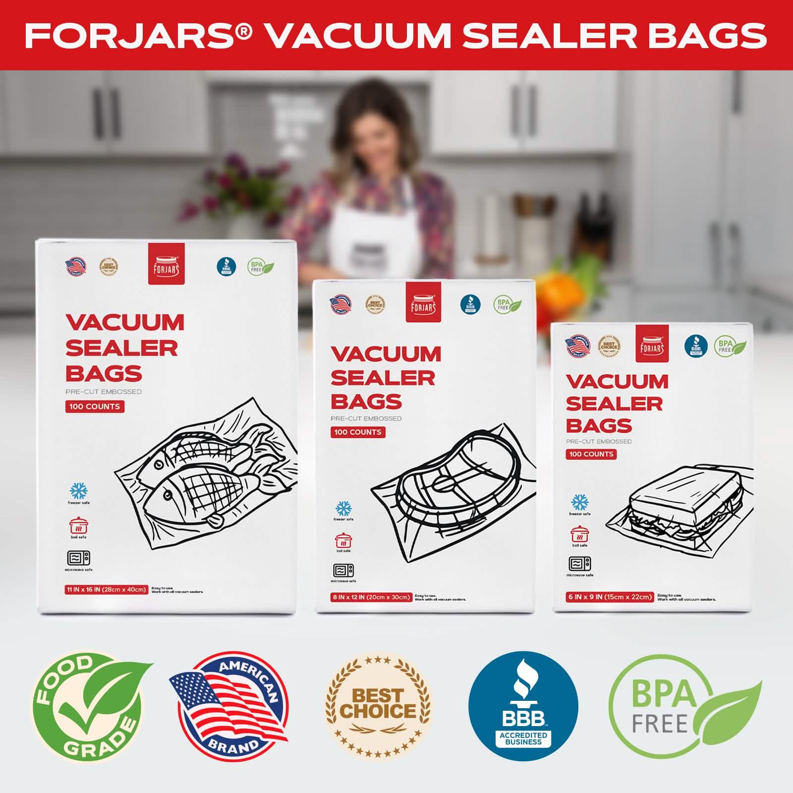 ForJars vacuum sealer bags, 8x12 inches, textured on both sides, 7.5 mil thickness, pack of 100 for food preservation.