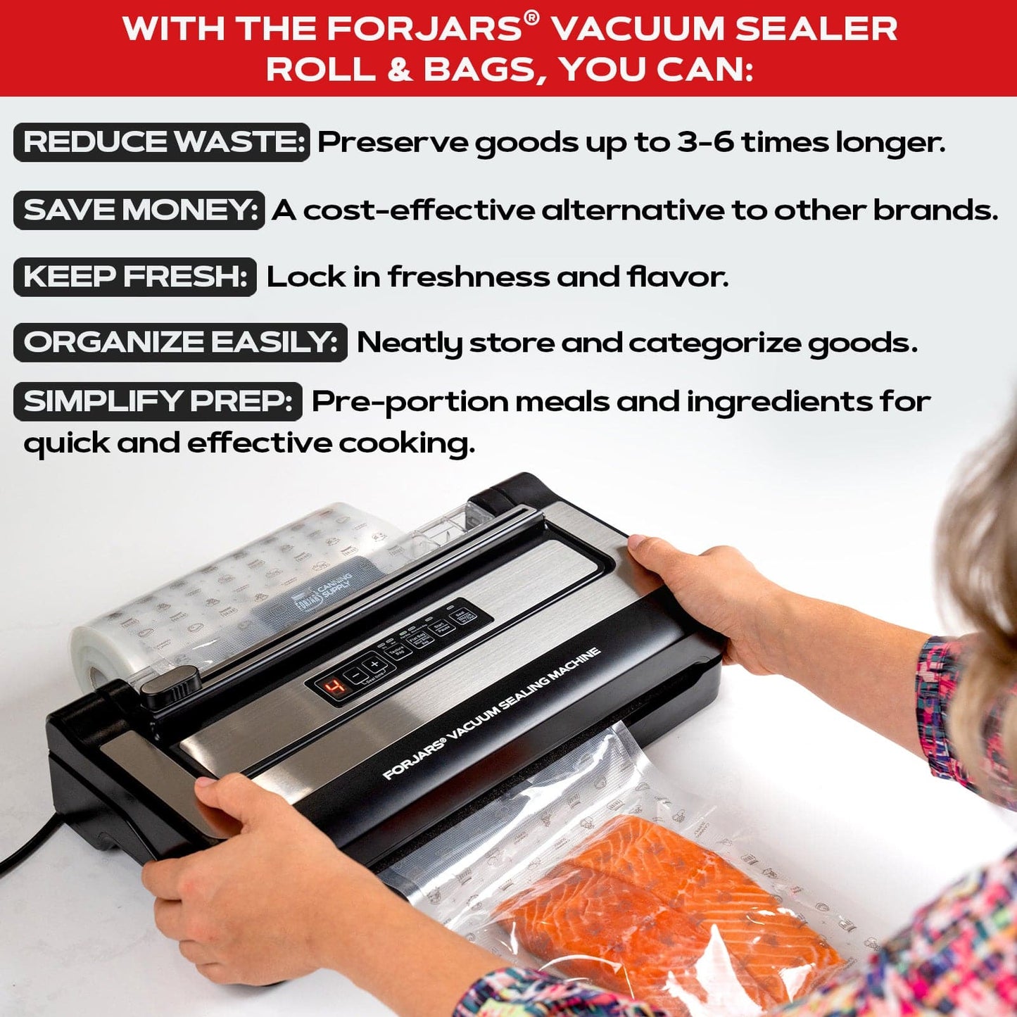 ForJars vacuum sealer bags, 8x12 inches, 100-pack with textured both sides, 7.5 mil thick for food preservation and storage.