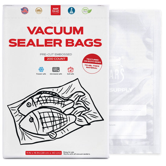 Forjars® 200 count 11x16 vacuum sealer bags with textured sides, 7.5 mil thickness for food preservation and storage.