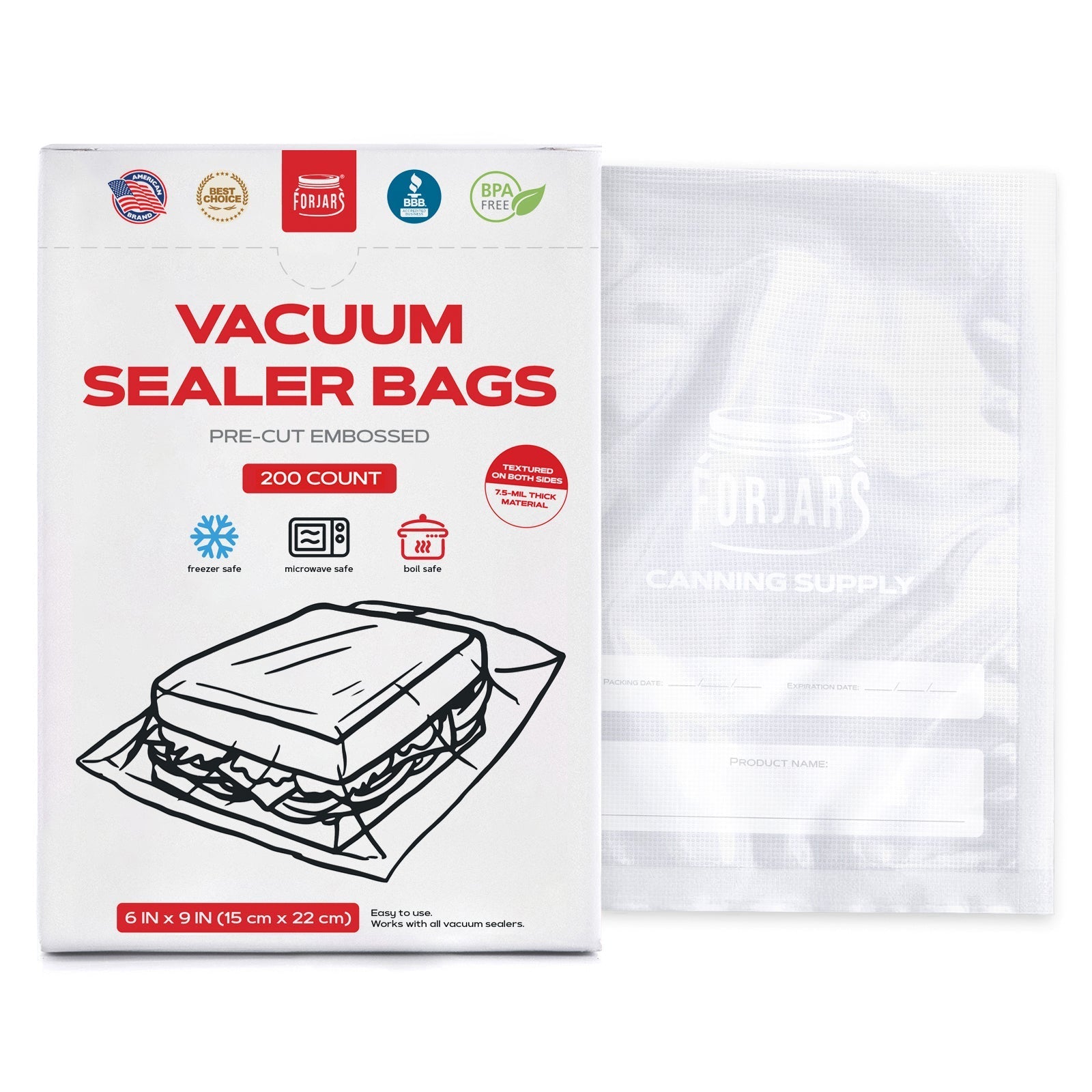 ForJars vacuum sealer bags, 6x9 inch textured double-sided bags, 7.5 mil thick, designed for vacuum sealing food storage.
