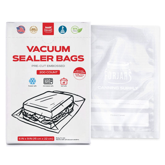 ForJars vacuum sealer bags, 6x9 inch textured double-sided bags, 7.5 mil thick, designed for vacuum sealing food storage.