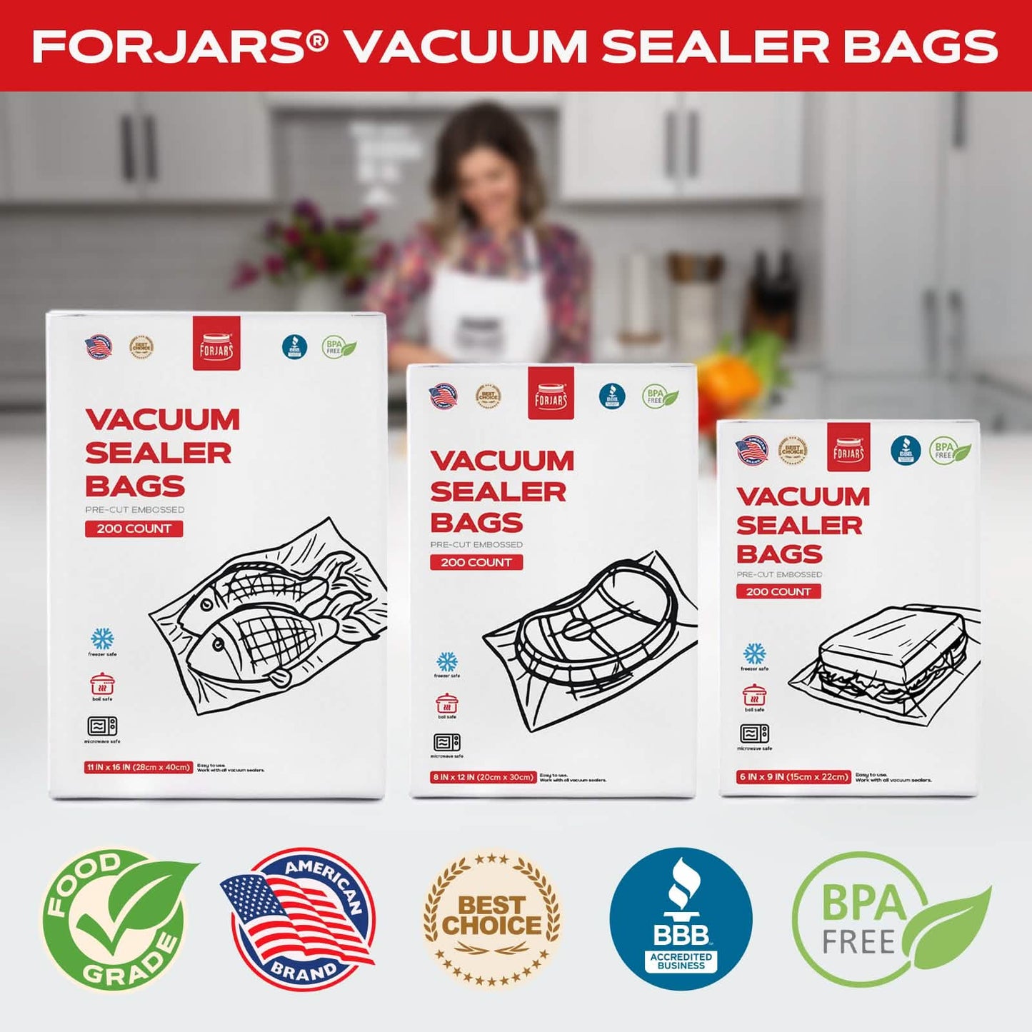 Forjars® 200 count 6x9 vacuum sealer bags with textured sides, 7.5 mil thick for food storage and preservation.
