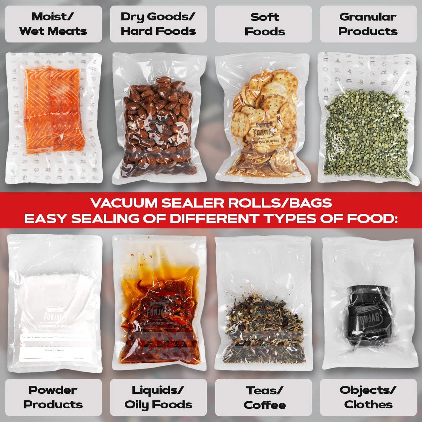 ForJars vacuum sealer bags, 6x9 inches, textured on both sides, 7.5 mil thickness, 200-count for food storage and preservation.