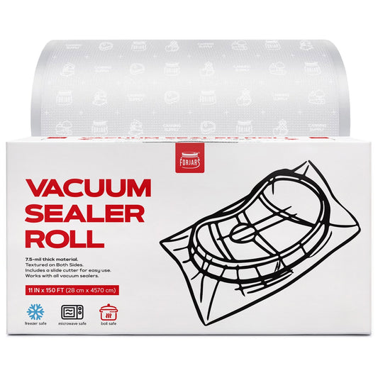 ForJars vacuum sealer roll, 11-inch by 150-foot textured double-sided bags, 7.5 mil thickness for food preservation.