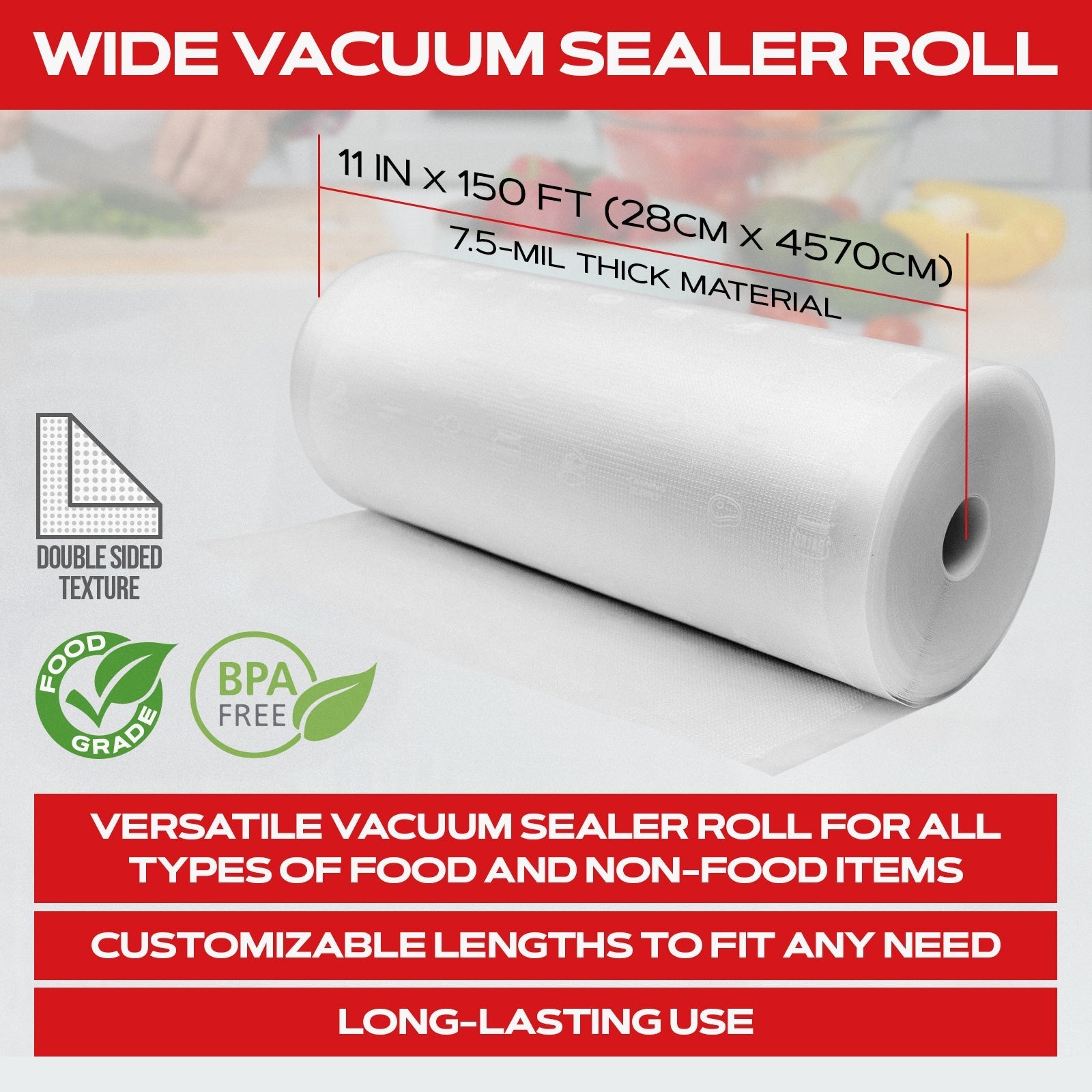 Forjars Vacuum Sealer Roll, 11-inch by 150-foot textured, dual-sided, 7.5 mil thick vacuum sealer bags on a roll.
