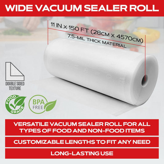 Forjars Vacuum Sealer Roll, 11-inch by 150-foot textured, dual-sided, 7.5 mil thick vacuum sealer bags on a roll.