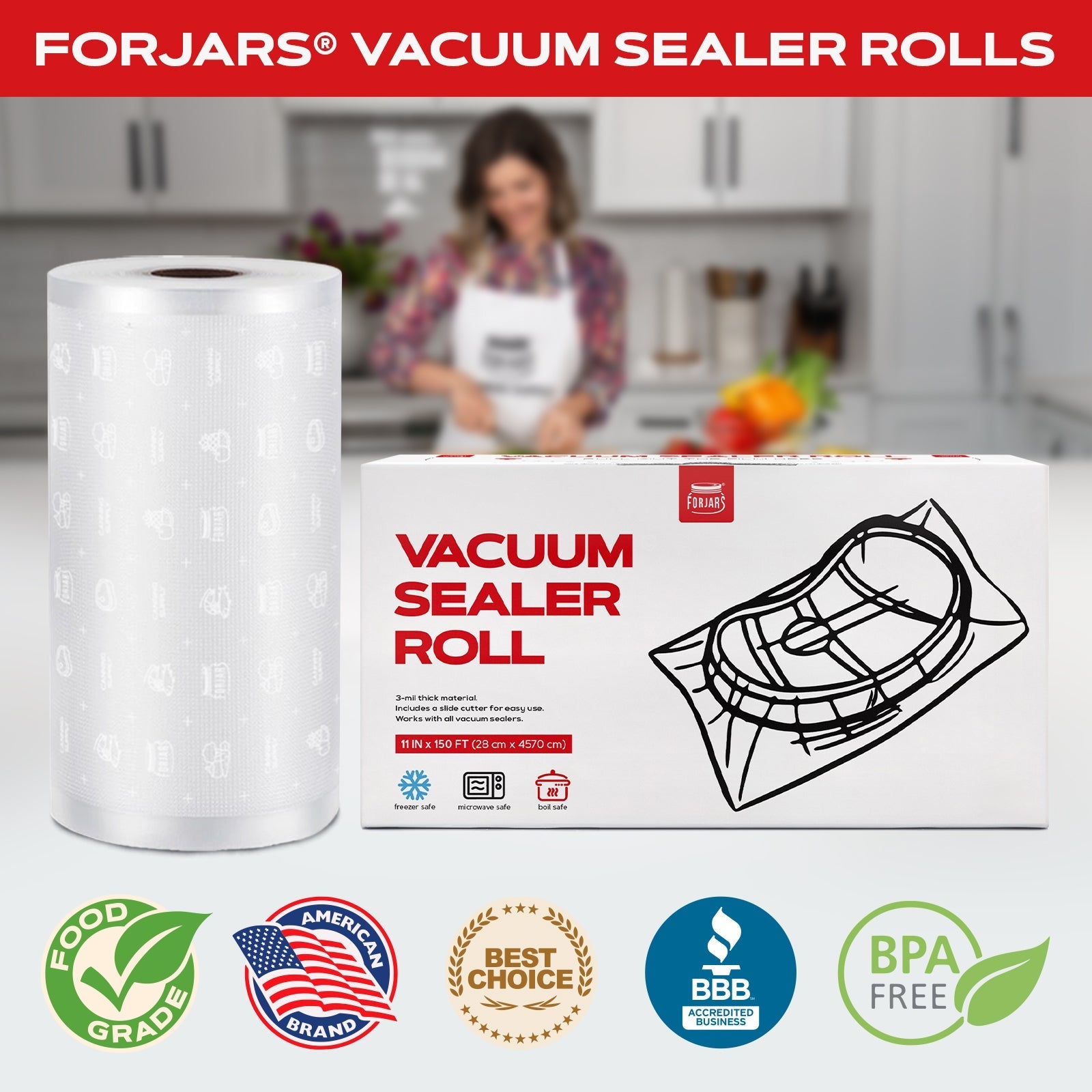 Forjars® Vacuum Sealer Roll, 11-inch by 150 feet, textured on both sides, 7.5 mil thick, suitable for food preservation.