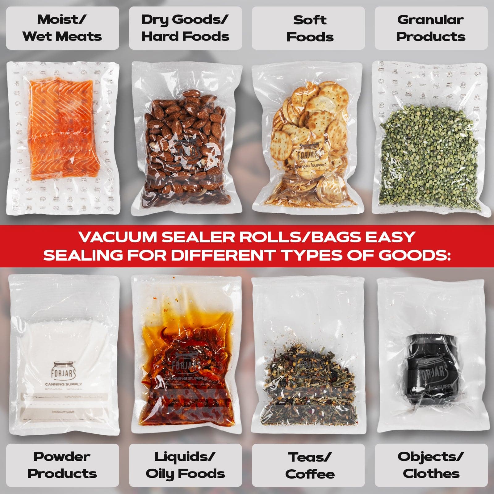 ForJars Vacuum Sealer Roll 11-inch x 150-foot textured double-sided bags, 7.5 mil thick for food preservation and storage.