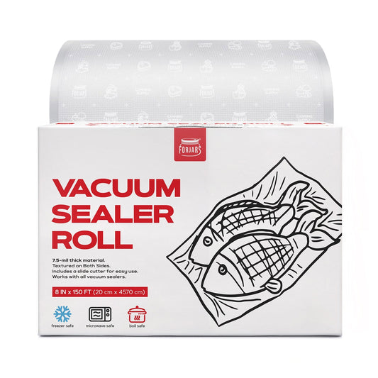 Forjars® vacuum sealer roll, 8-inch by 150-foot textured double-sided bags, 7.5 mil thickness for food storage.