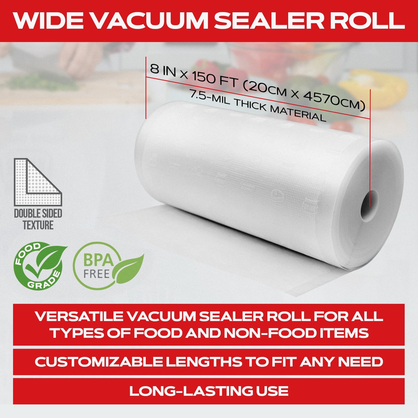 Forjars® Vacuum Sealer Roll 8-inch by 150 feet, textured double-sided, 7.5 mil thick vacuum sealer bags for food preservation.