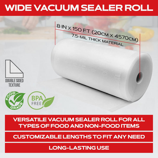 Forjars® Vacuum Sealer Roll 8-inch by 150 feet, textured double-sided, 7.5 mil thick vacuum sealer bags for food preservation.