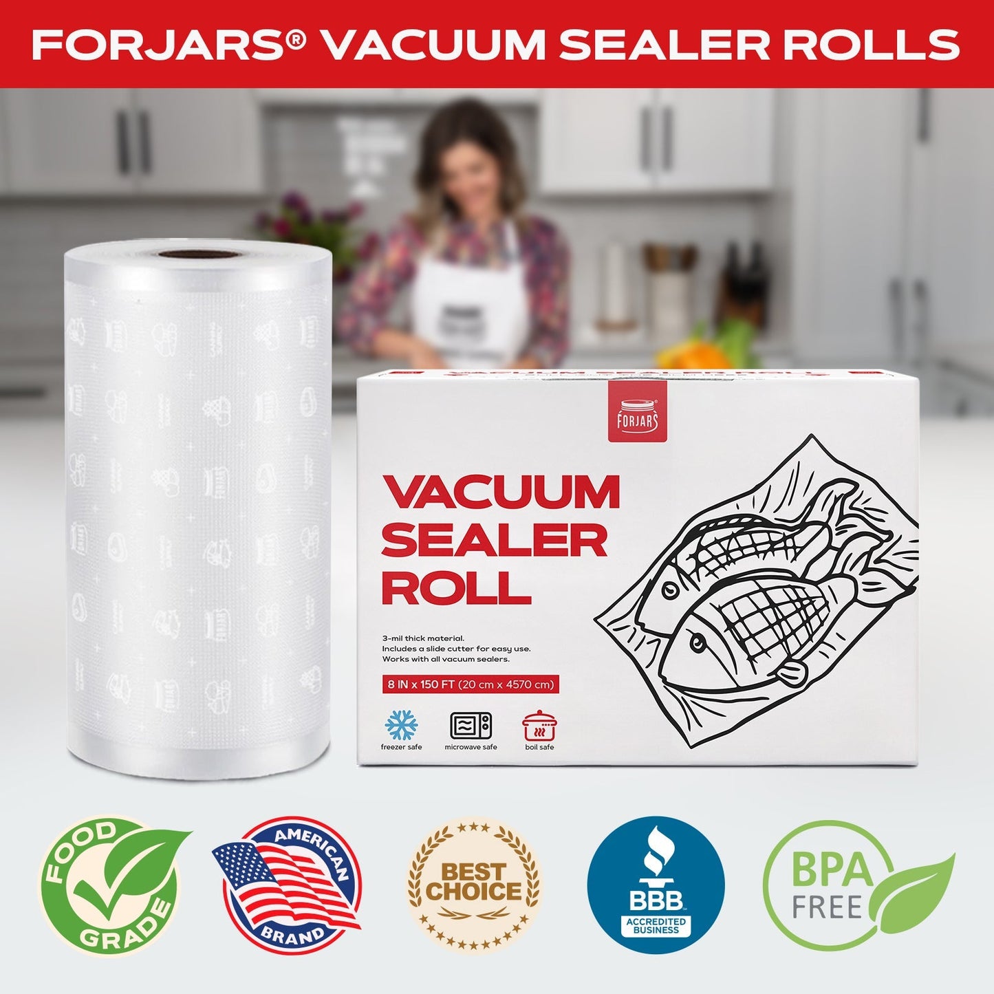 Forjars® vacuum sealer roll, 8-inch x 150 feet, textured on both sides, 7.5 mil thickness, for sealing food storage bags.