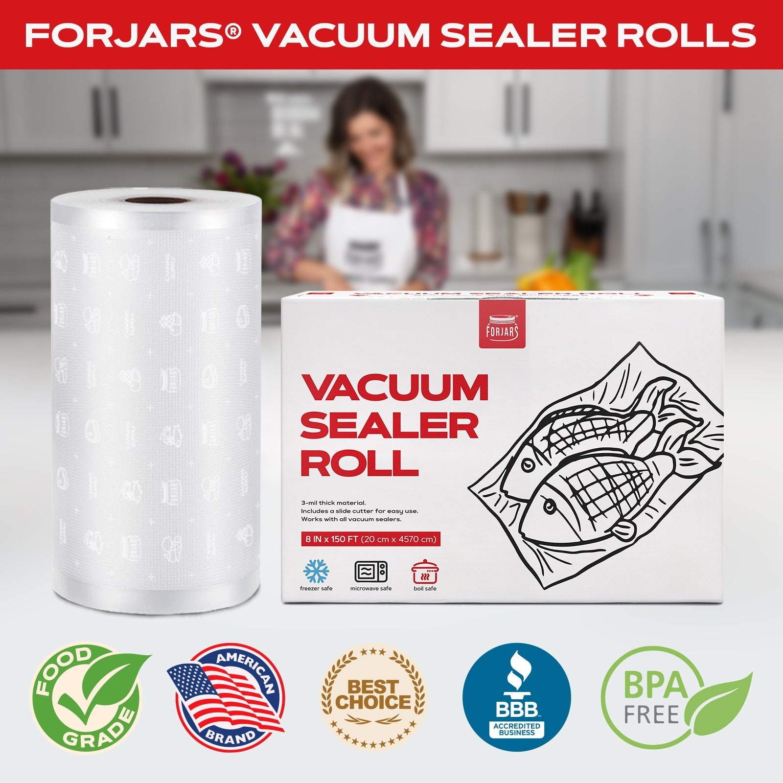 Forjars® vacuum sealer roll, 8-inch x 150 feet, textured on both sides, 7.5 mil thickness, for sealing food storage bags.